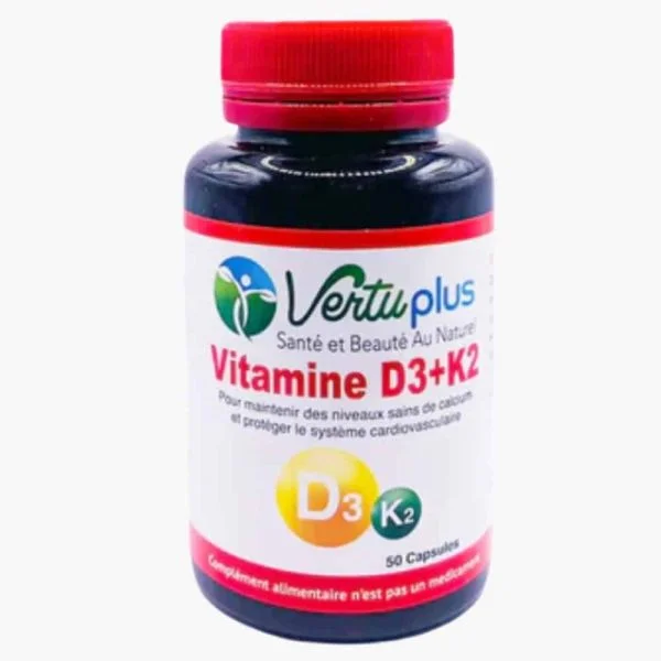 Pilulier noir et rouge Vertuplus Vitamine D3 plus K2 50 capsules