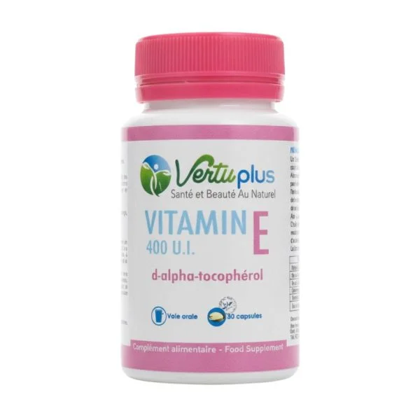 Pot Vertuplus Vitamin E 400 U.I. d-alpha-tocophérol, bouchon rose, 30 capsules