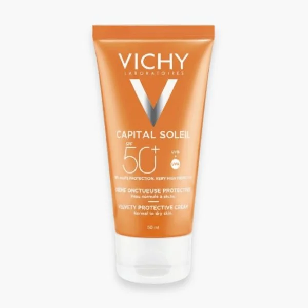 Tube orange Vichy Capital Soleil, crème onctueuse SPF50+, très haute protection, 50 ml.
