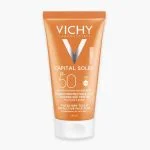 Tube orange Vichy Capital Soleil SPF50 émulsion visage toucher sec teintée 50 ml