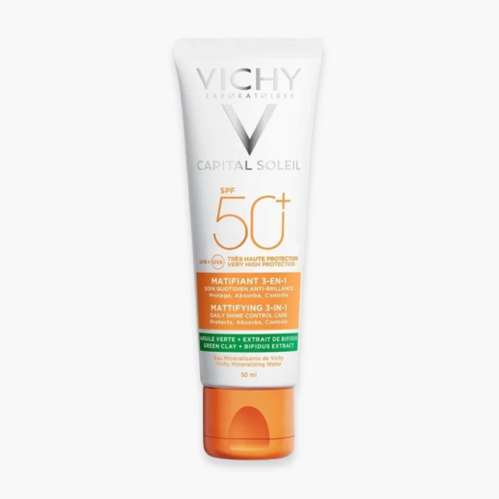 vichy-capital-soleil-matifiant-3en1-anti-brillance-spf50-50ml.jpg Tube blanc et orange Vichy Capital Soleil matifiant 3-en-1 SPF 50+