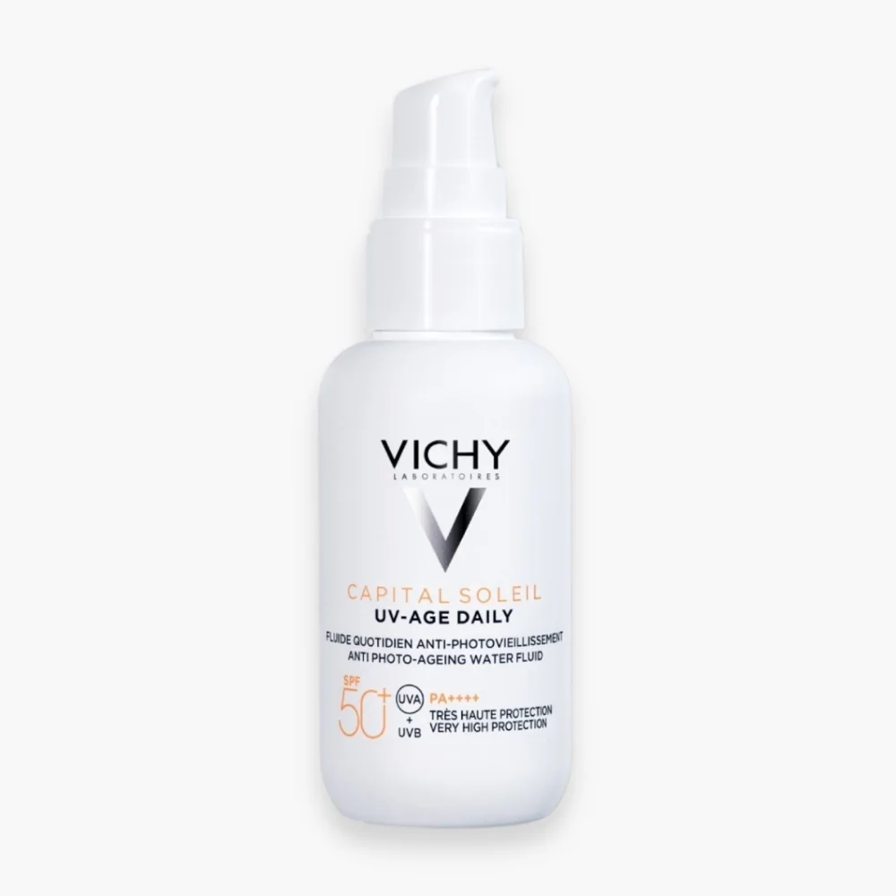 vichy-capital-soleil-uv-age-daily-fluide-anti-photovieillissement-spf50-40ml.jpg Flacon pompe blanc Vichy Capital Soleil UV-Age Daily fluide SPF 50+