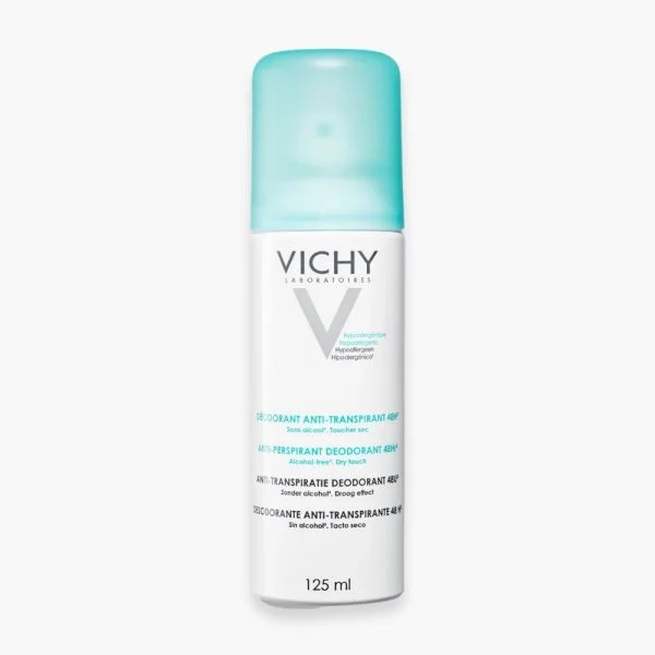 Aérosol blanc à capuchon turquoise Vichy déodorant anti-transpirant 48h