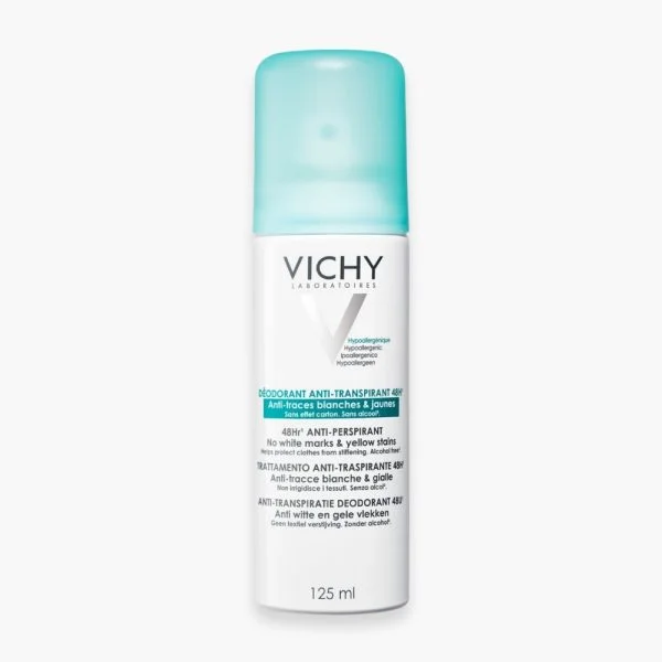 Aérosol Vichy anti-transpirant 48h bouchon vert d'eau 125 ml fond blanc