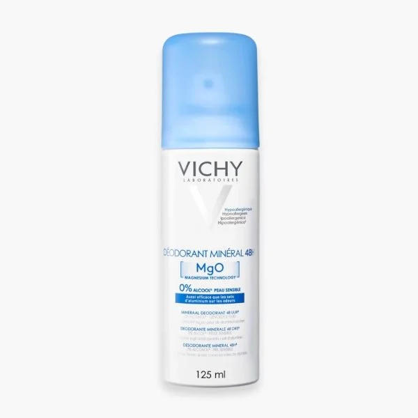 Aérosol Vichy déodorant minéral MgO 125 ml bouchon bleu fond blanc