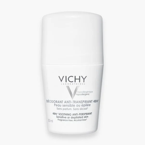 Roll-on blanc Vichy déodorant anti-transpirant 48h peau sensible 50 ml