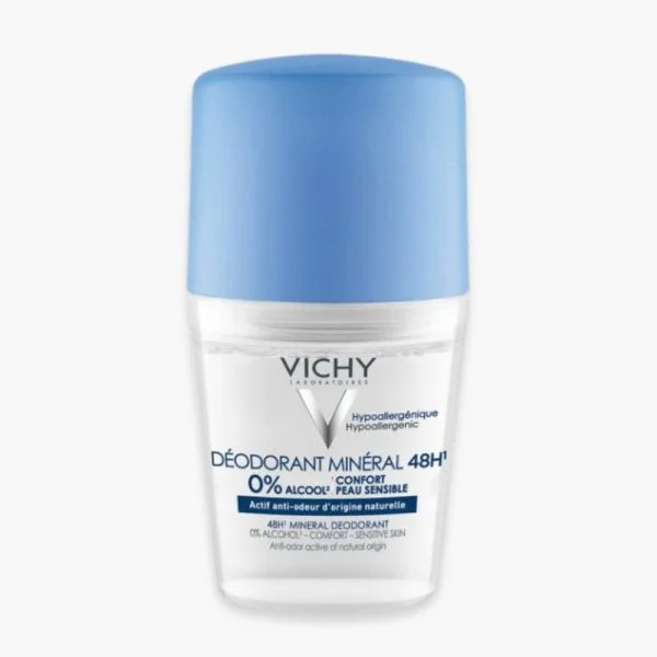 Flacon roll-on Vichy déodorant minéral 48h bouchon bleu sur fond blanc
