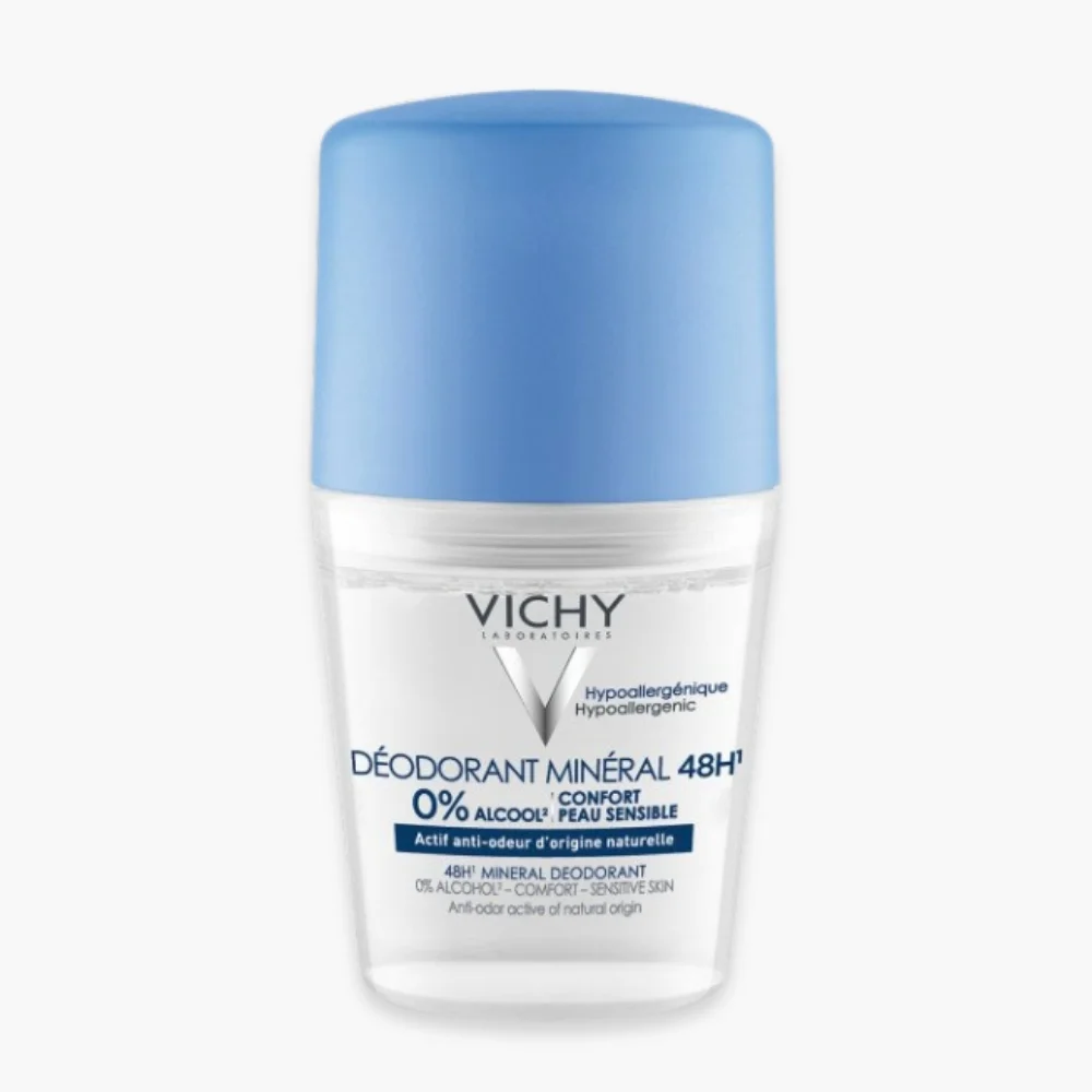 vichy-deodorant-roll-on-mineral-confort-peau-sensible-48h-50ml.jpg Flacon roll-on Vichy déodorant minéral 48h bouchon bleu sur fond blanc