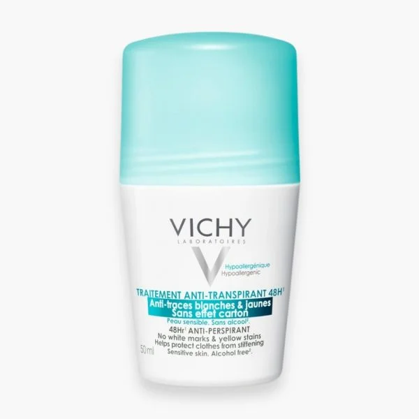 Roll-on Vichy anti-transpirant 48h bouchon vert d'eau 50 ml fond blanc