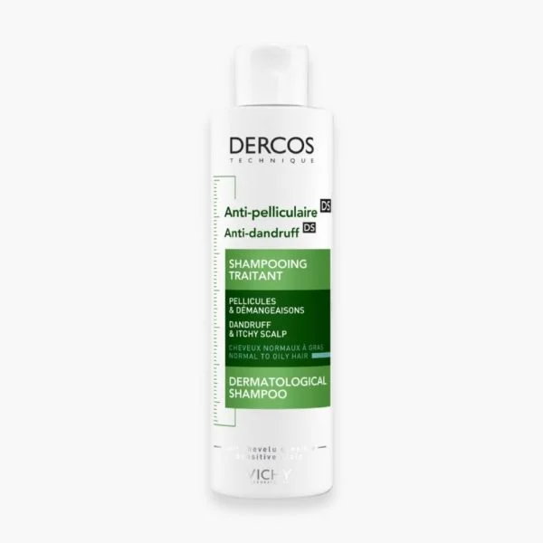 Flacon blanc et vert Dercos anti-pelliculaire DS shampooing cheveux normaux gras