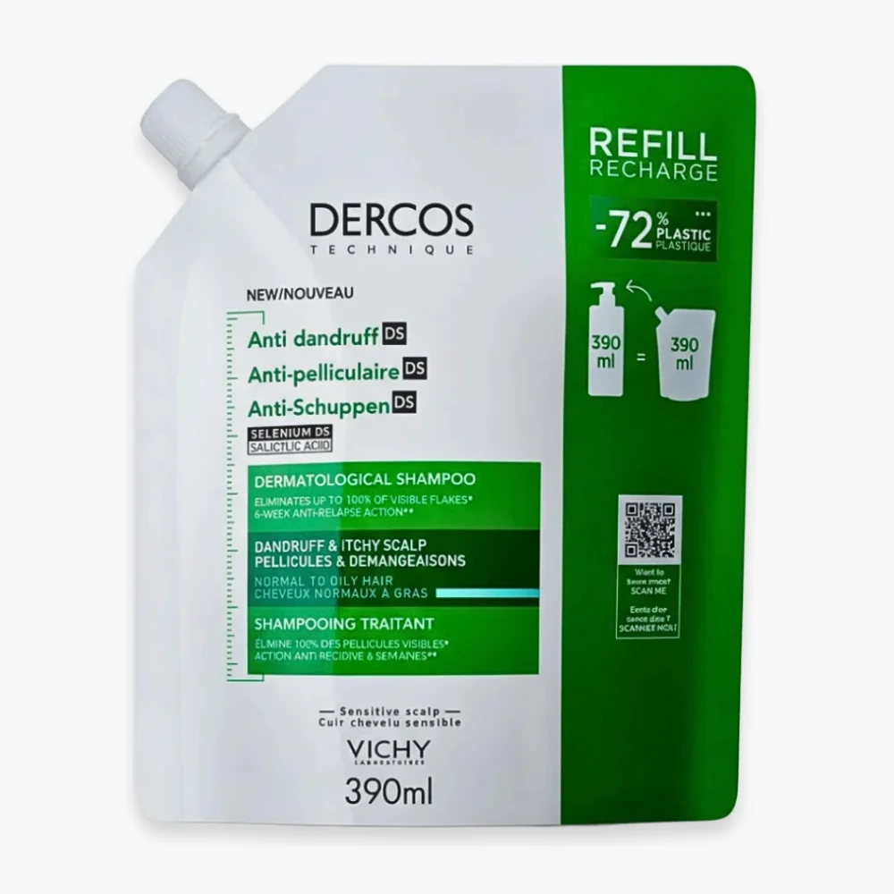vichy-dercos-ds-shampoing-traitant-anti-pelliculaire-cheveux-normaux-a-gras-eco-recharge-390ml.jpg Éco-recharge verte et blanche Vichy Dercos DS shampooing antipelliculaire 390 ml
