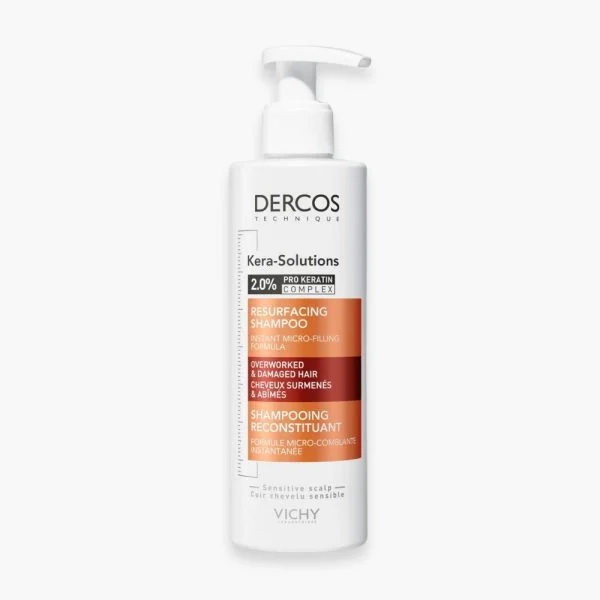 Flacon pompe blanc et orange Dercos Kera-Solutions shampooing reconstituant 250 ml