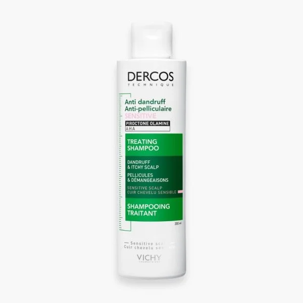 Flacon blanc et vert Dercos anti-pelliculaire Sensitive shampooing 200 ml fond blanc