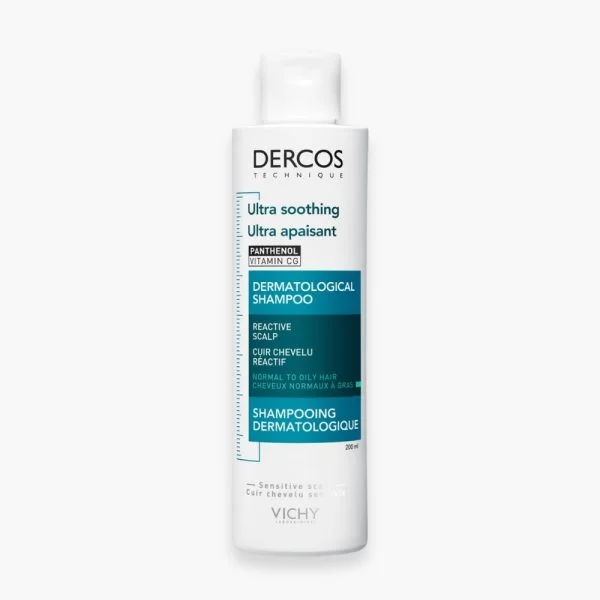 Flacon blanc et bleu Dercos Ultra apaisant shampooing dermatologique 200 ml