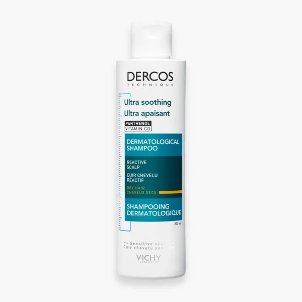 Flacon blanc et bleu Dercos Ultra apaisant shampooing cheveux secs 200 ml