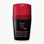 Roll-on noir Vichy Homme Clinical Control 96h bouchon rouge fond blanc