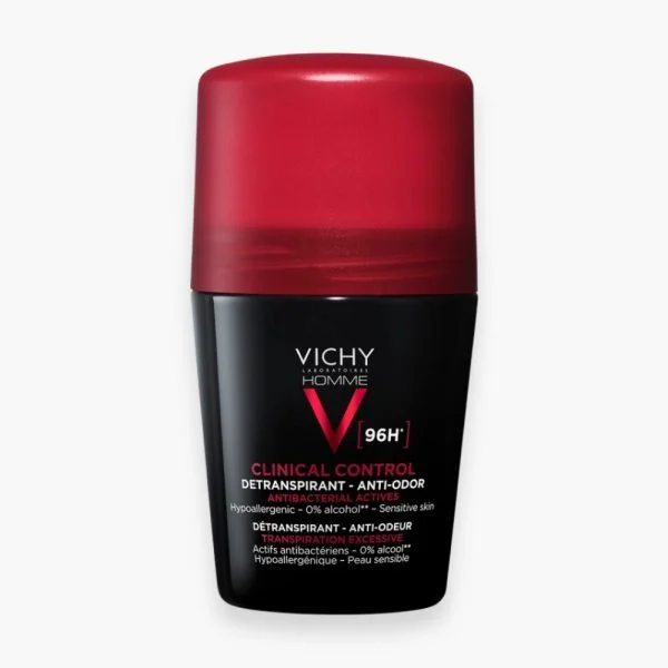 Roll-on noir Vichy Homme Clinical Control 96h bouchon rouge fond blanc