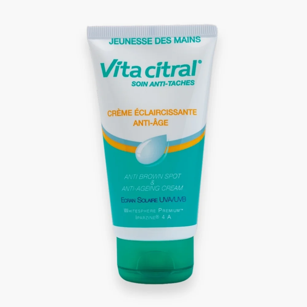 vita-citral-soin-anti-taches-creme-eclaircissante-anti-age-mains-75ml.jpg Tube vert et blanc Vita Citral Soin Anti-Taches crème éclaircissante anti-âge mains