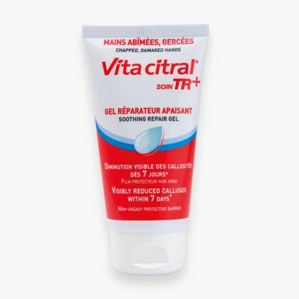 Tube rouge et blanc Vita Citral Soin TR+ gel réparateur apaisant mains gercées