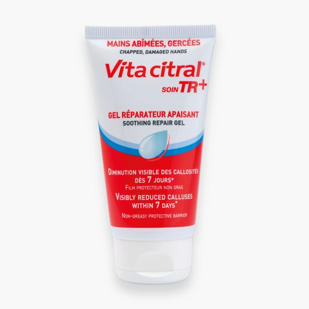 vita-citral-soin-tr-gel-reparateur-apaisant-mains-abimees-gercees-75ml.jpg Tube rouge et blanc Vita Citral Soin TR+ gel réparateur apaisant mains gercées