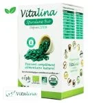 Étui Vitalina Spiruline Bio avec bol de comprimés verts et logos bio