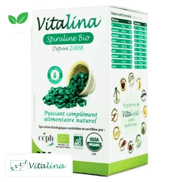Étui Vitalina Spiruline Bio avec bol de comprimés verts et logos bio