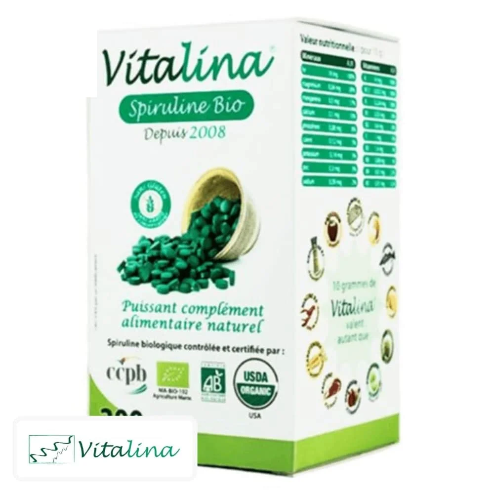 vitalina-spiruline-bio-et-naturelle-200-comprimes.jpg Boîte verte et blanche Vitalina spiruline bio 200 comprimés