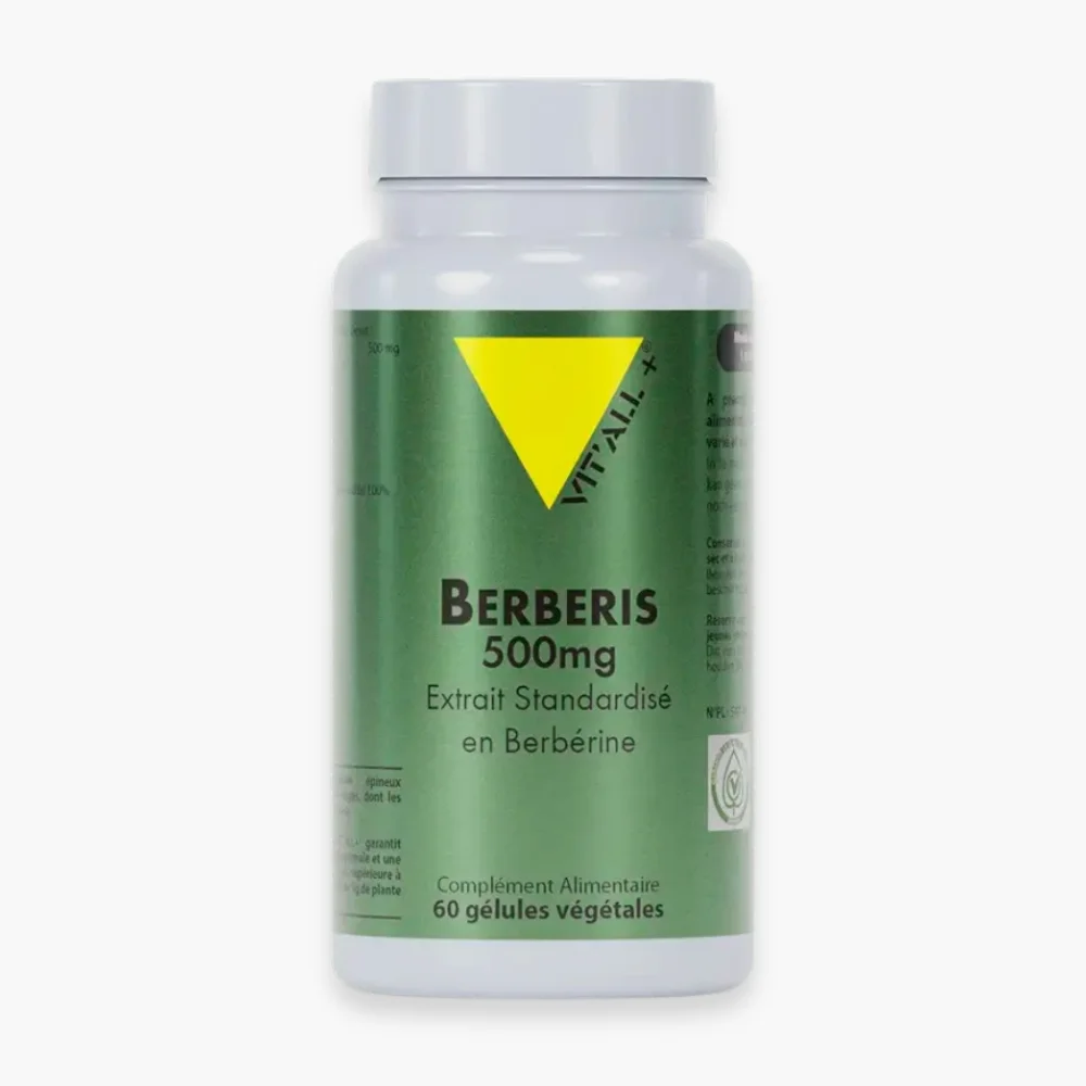 vitall-berberis-500mg-extrait-standardise-en-berberine-60-gelules.jpg Flacon vert Berberis 500 mg Vit'all+ 60 gélules végétales