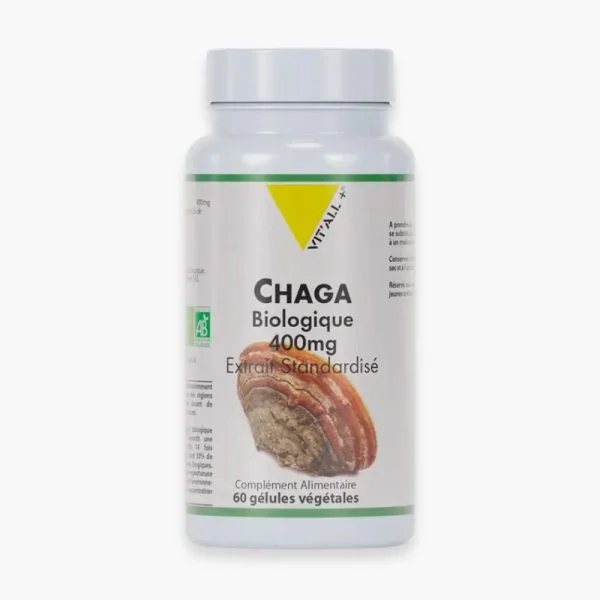 Flacon Chaga biologique 400 mg Vit'all+ logo AB 60 gélules