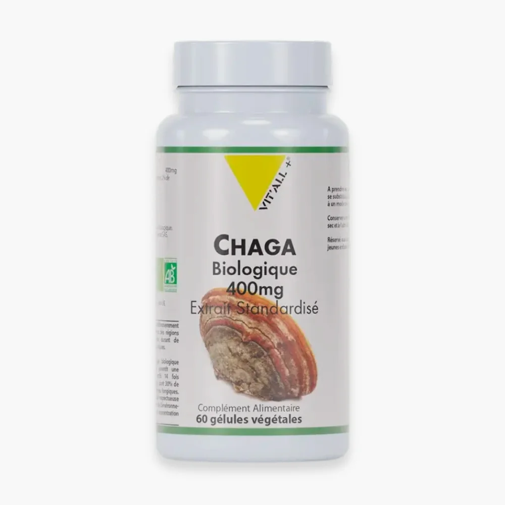 vitall-chaga-biologique-400mg-extrait-standardise-60-gelules.jpg Flacon Chaga biologique 400 mg Vit'all+ logo AB 60 gélules