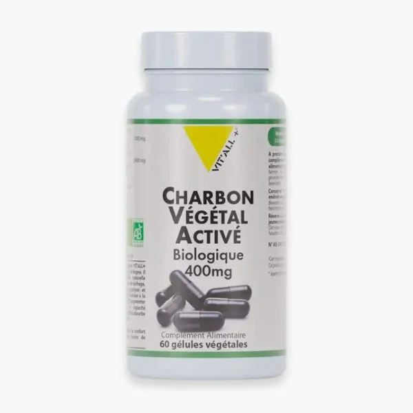 Flacon Charbon végétal activé bio Vit'all+ gélules noires 400 mg