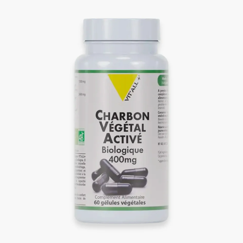 vitall-charbon-vegetal-active-biologique-400mg-60-gelules.jpg Flacon Charbon végétal activé bio Vit'all+ gélules noires 400 mg