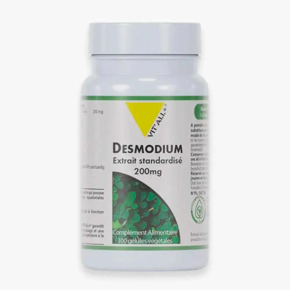 vitall-desmodium-extrait-standardise-200mg-100-gelules.jpg Flacon Desmodium 200 mg Vit'all+ feuilles vertes 100 gélules végétales