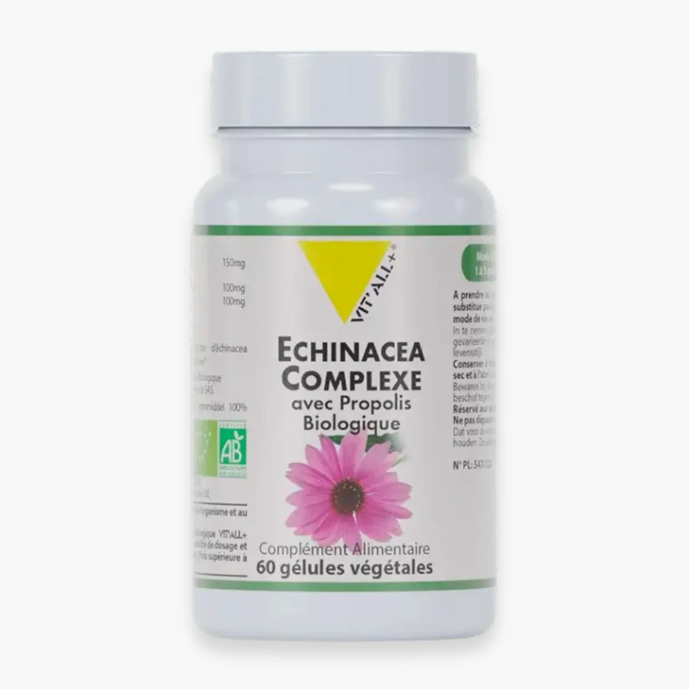 vitall-echinacea-complexe-avec-propolis-biologique-60-gelules.jpg Flacon Echinacea Complexe propolis Vit'all+ fleur rose logo AB
