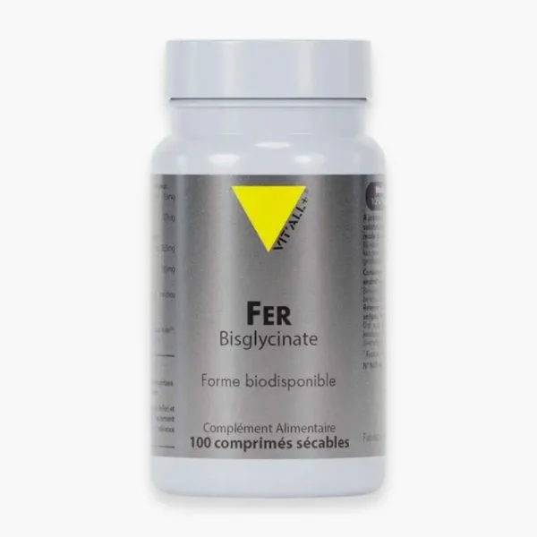 Flacon gris Vit'all+ Fer Bisglycinate, 100 comprimés sécables, complément alimentaire.