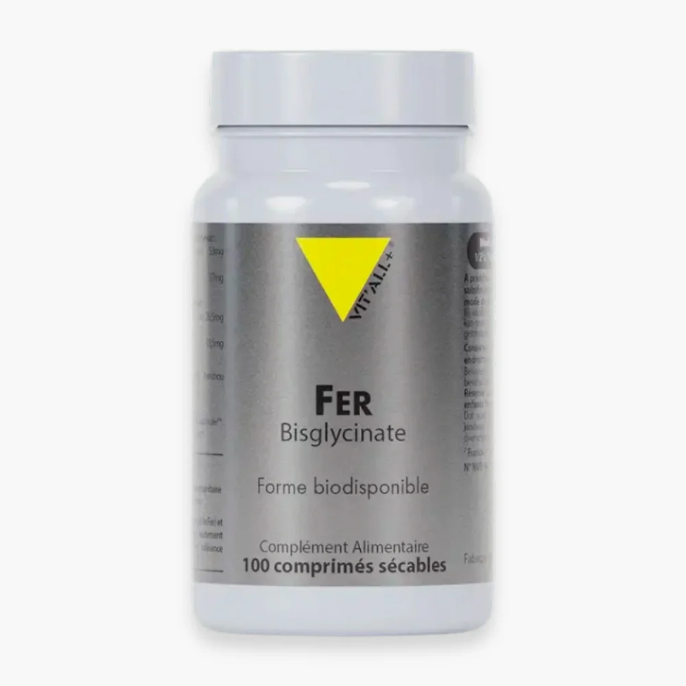 vitall-fer-bisglycinate-27mg-forme-biodisponible-100-comprimes.jpg Flacon gris Vit'all+ Fer Bisglycinate, 100 comprimés sécables, complément alimentaire.