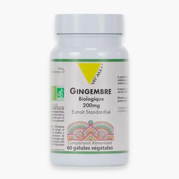 Flacon Gingembre biologique 200 mg Vit'all+ motif indien logo AB