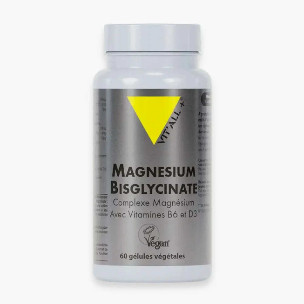 vitall-magnesium-bisglycinate-vitamines-b6-d3-60-gelules.jpg Flacon gris Vit'all+ Magnésium Bisglycinate complexe vitamines B6 D3