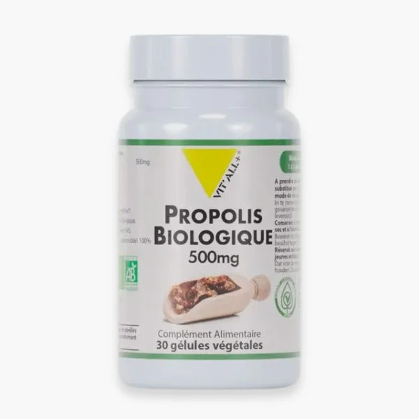 Flacon blanc Vitall+ Propolis Biologique 500mg 30 gélules logo AB