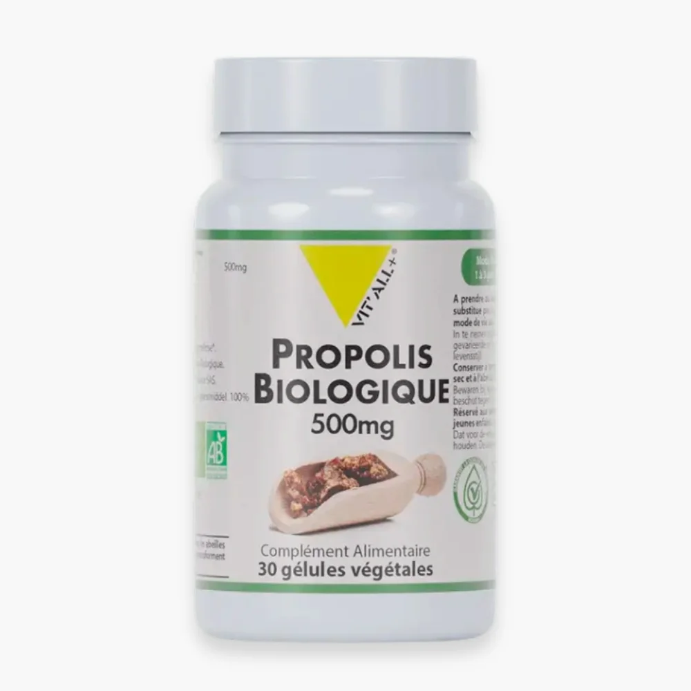 vitall-propolis-biologique-500mg-30-gelules.jpg Flacon blanc Vitall+ Propolis Biologique 500mg 30 gélules logo AB