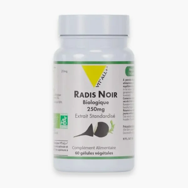 Flacon blanc Vitall+ Radis Noir Biologique 250mg 60 gélules végétales
