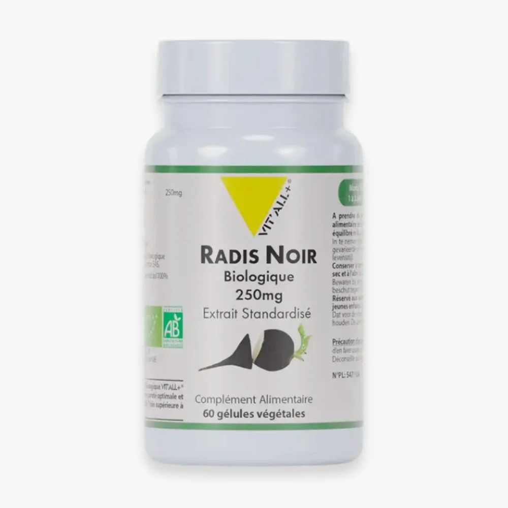 vitall-radis-noir-250mg-biologique-extrait-standardise-60-gelules.jpg Flacon blanc Vitall+ Radis Noir Biologique 250mg 60 gélules végétales
