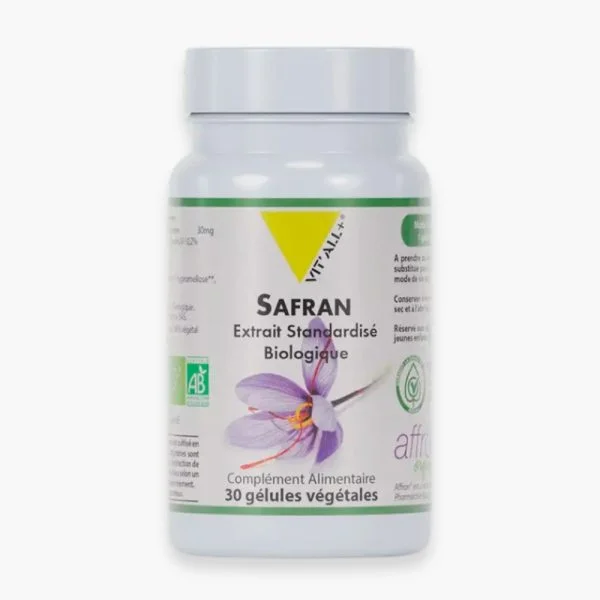 Flacon blanc Vitall+ Safran Biologique 30 gélules fleur de safran
