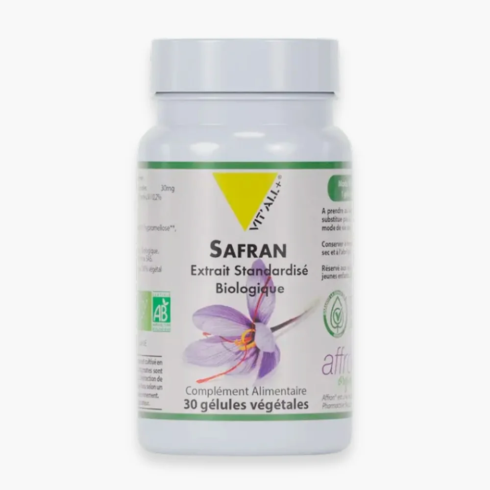 vitall-safran-biologique-extrait-standardise-30-gelules.jpg Flacon blanc Vitall+ Safran Biologique 30 gélules fleur de safran