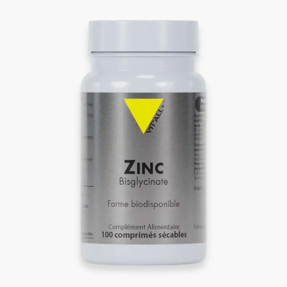 vitall-zinc-bisglycinate-forme-biodisponible-100-comprimes.jpg Flacon gris Vitall+ Zinc Bisglycinate 100 comprimés sécables forme biodisponible