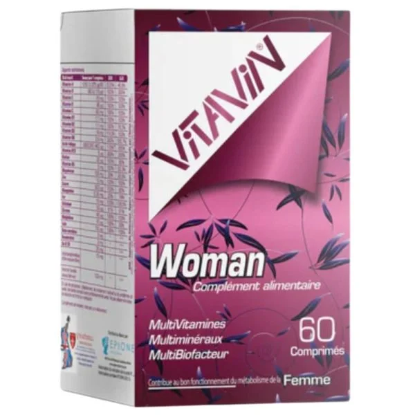 Boîte Vitavin Woman complément alimentaire multivitamines, 60 comprimés, étui rose