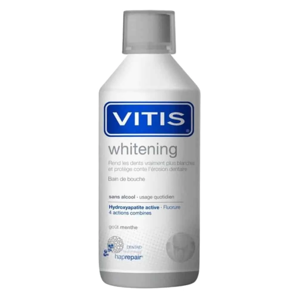 vitis-bain-de-bouche-blanchissant-500ml.jpg Flacon Vitis Whitening bain de bouche blanchissant sans alcool, goût menthe