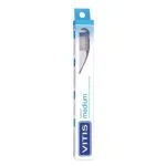 Brosse à dents Vitis Medium dans son étui bleu et blanc à fenêtre