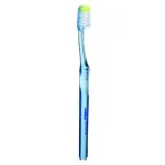 Brosse à dents Vitis manche transparent bleuté, tête compacte à filaments