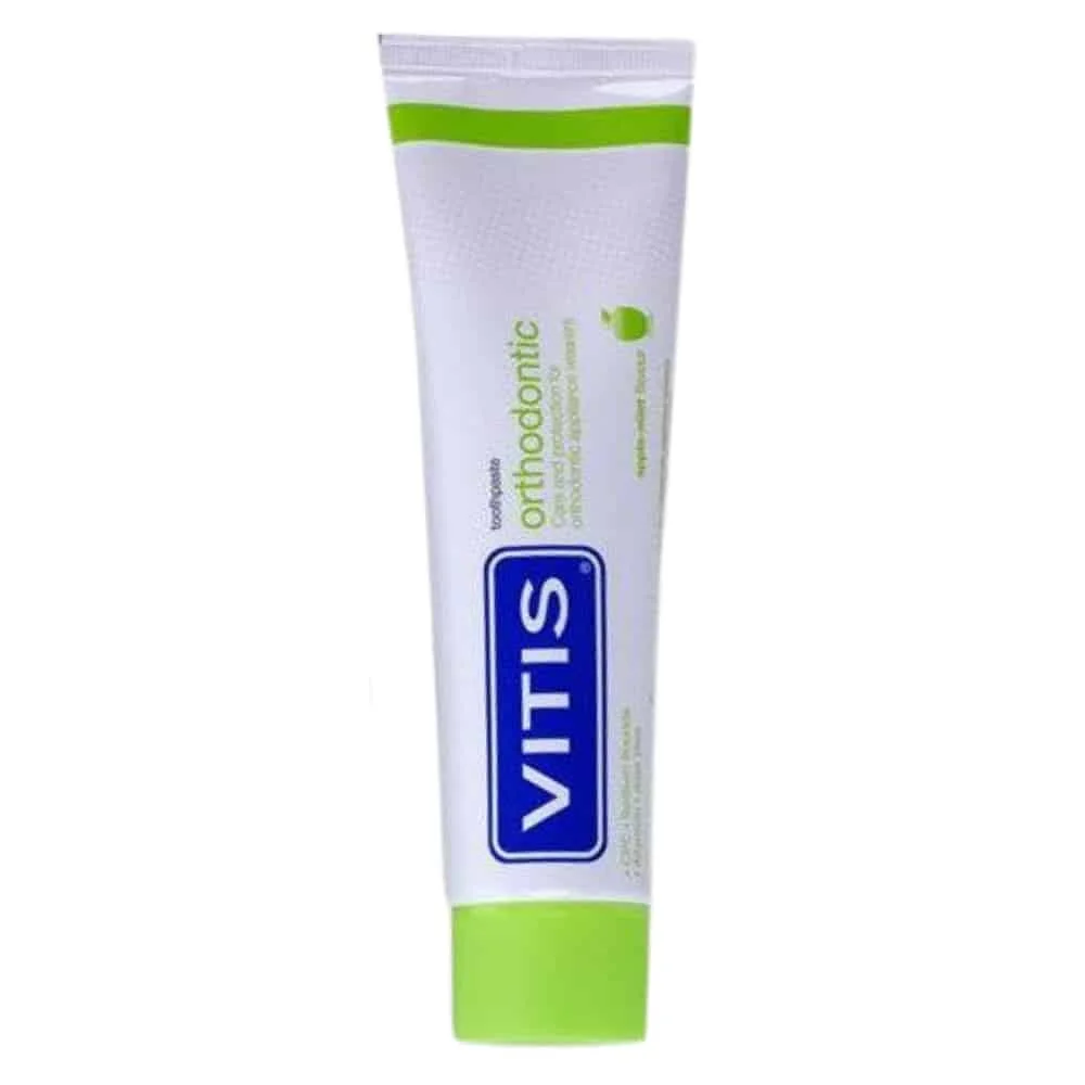 vitis-dentifrice-orthodontique-100ml.jpg Tube Vitis Orthodontic dentifrice blanc et vert, goût pomme-menthe
